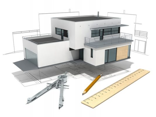 3D model of house design with compass, ruler and pencil
